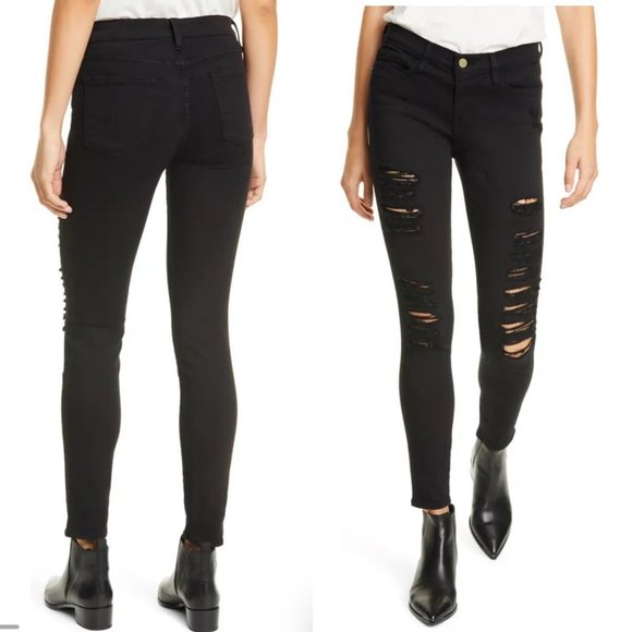 Frame Denim Denim - Frame Skinny Jeans Womens Sz 27 Black Le Color Ripped Skinny Shredded Distressed